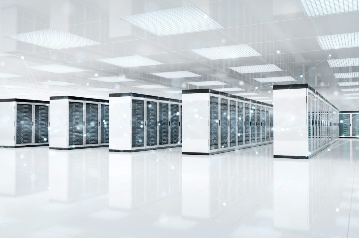 Connection network in white servers data center room storage systems 3D rendering