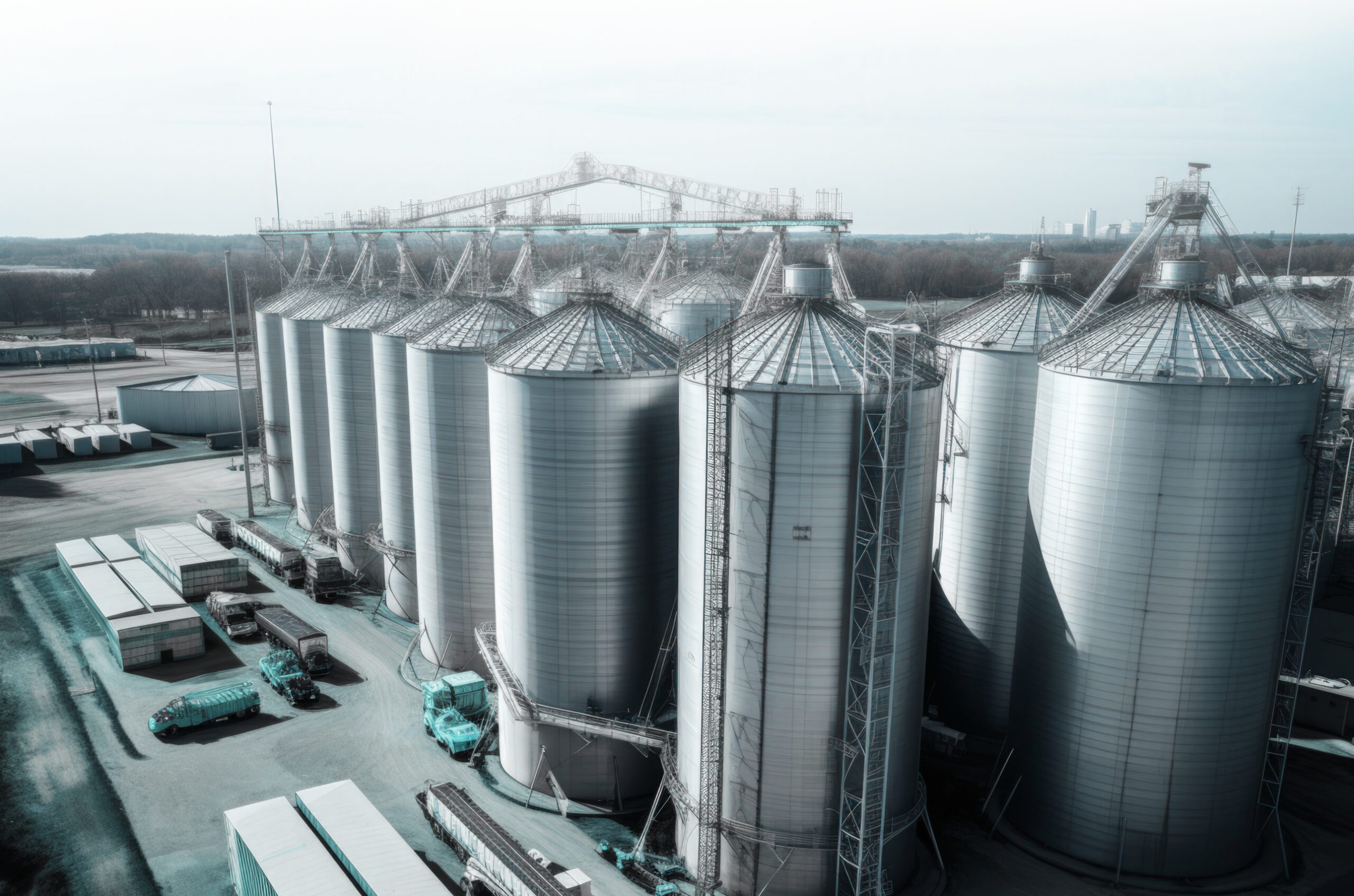 Agricultural grain silos in the field, aerial view.
