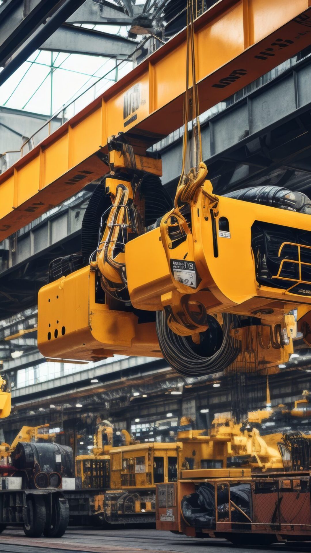 A Massive Overhead Crane Hook Suspended in Mid-Air at a Bustling Industrial Site, Symbolizing the Power of Heavy Machinery