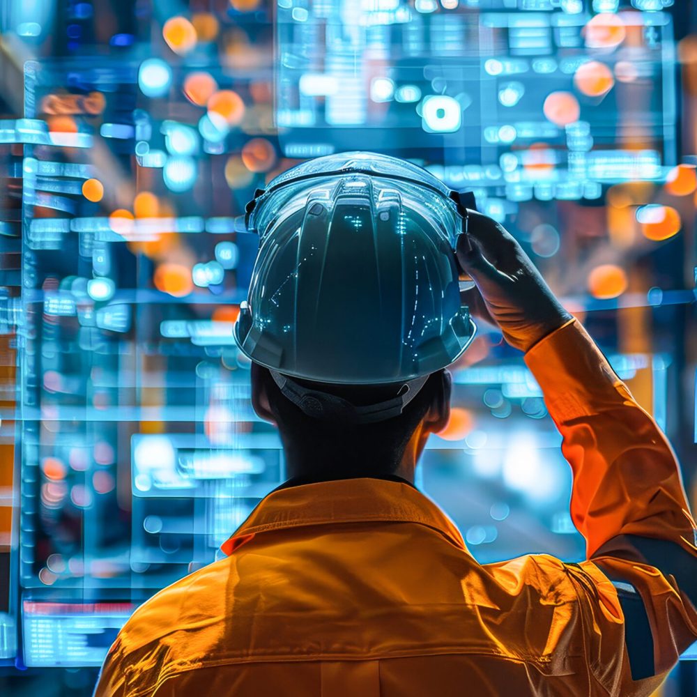 A man in a safety helmet is looking at a computer screen. Concept of focus and concentration as the man works on a task. The bright orange and blue colors of his outfit add a sense of energy