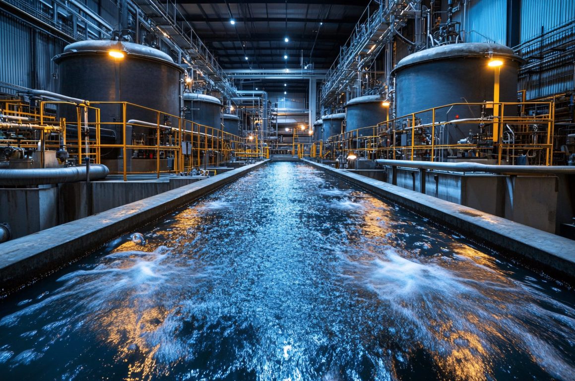 Industrial water facility with machinery and illuminated tanks, showcasing clear water flow and advanced technology in a modern setting.